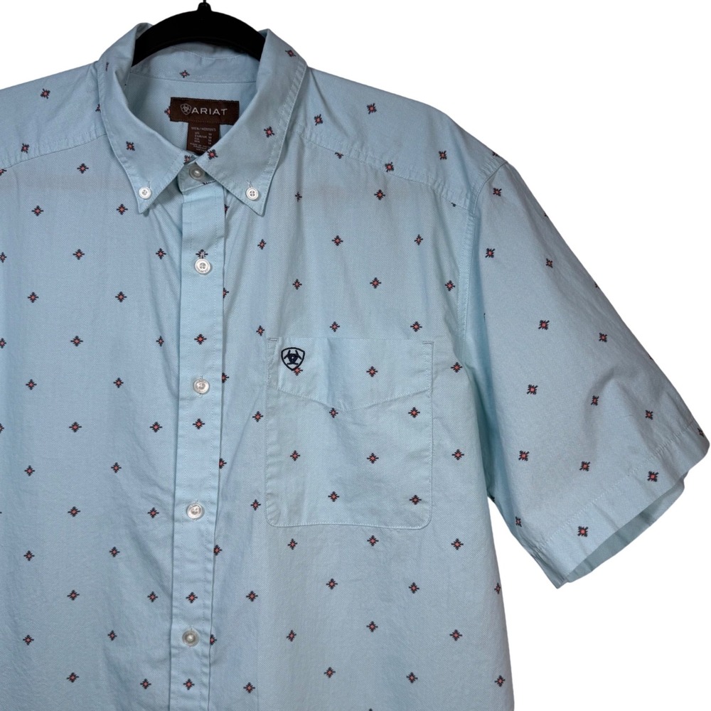 Ariat Royce Mens M Blue Geometric Diamond Western Short Sleeve Button Down Shirt - Picture 2 of 15